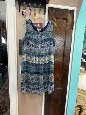 dressbarn Navy, Blue and Green Patterned Sleeveless Mini Dress